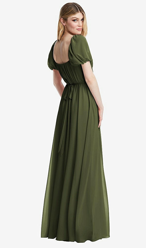 Back View - Olive Green Regency Empire Waist Puff Sleeve Chiffon Maxi Dress