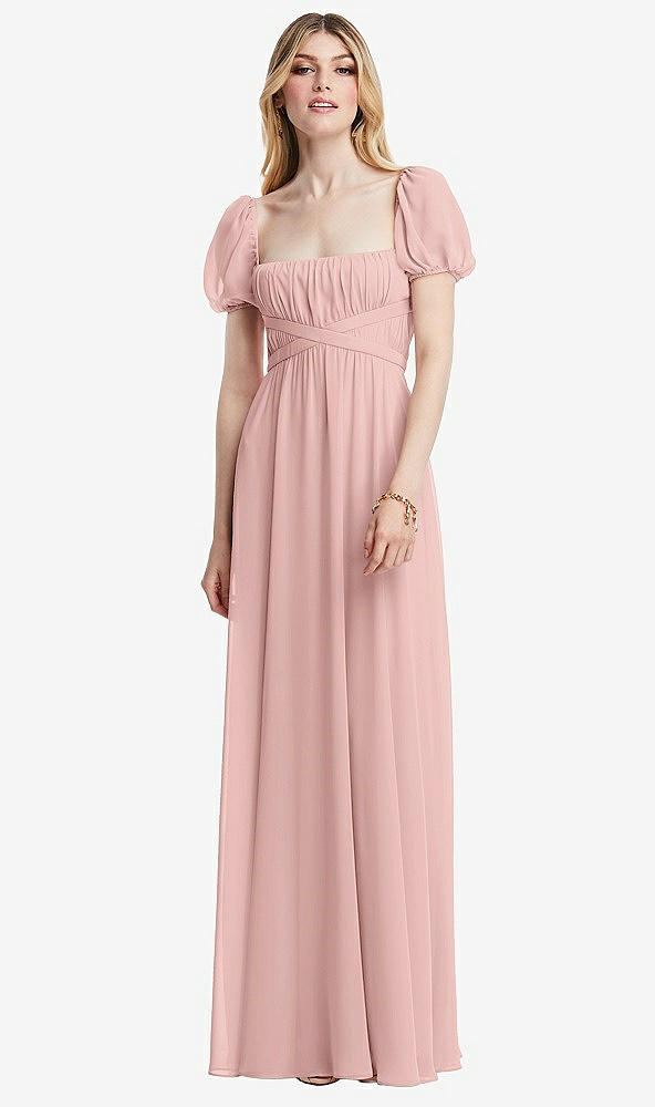 Front View - Rose - PANTONE Rose Quartz Regency Empire Waist Puff Sleeve Chiffon Maxi Dress