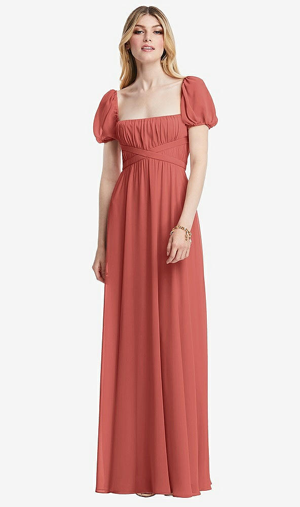 Front View - Coral Pink Regency Empire Waist Puff Sleeve Chiffon Maxi Dress