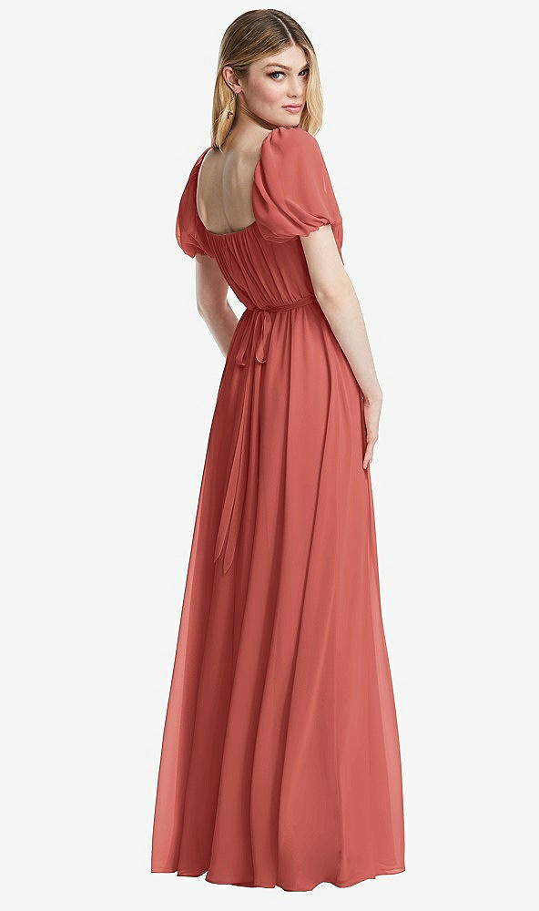 Back View - Coral Pink Regency Empire Waist Puff Sleeve Chiffon Maxi Dress