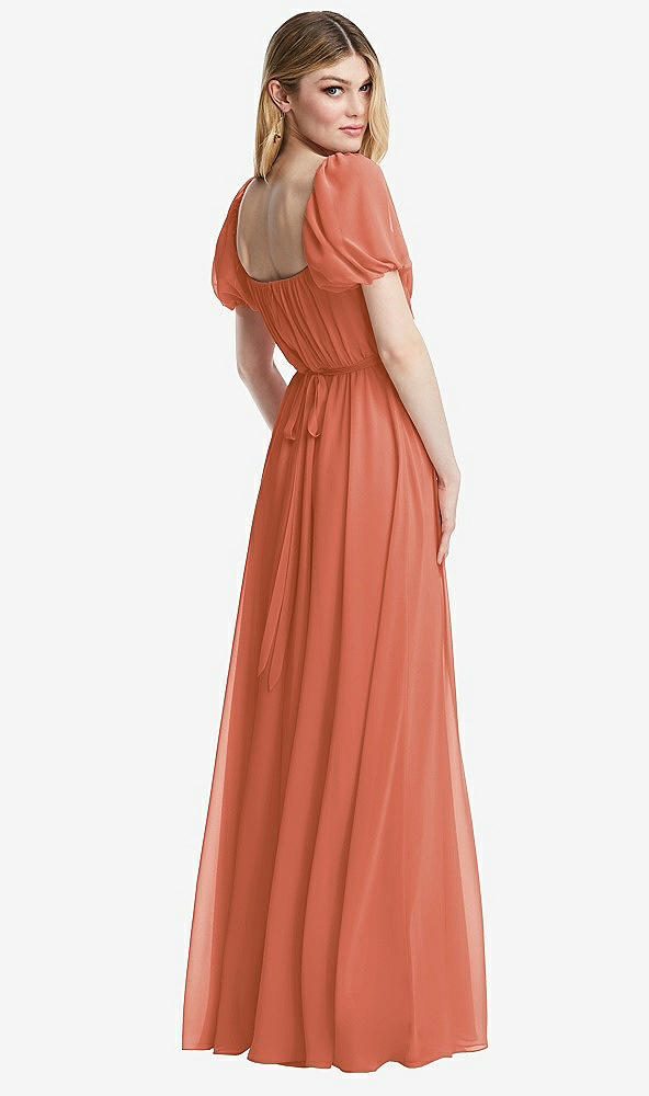 Back View - Terracotta Copper Regency Empire Waist Puff Sleeve Chiffon Maxi Dress