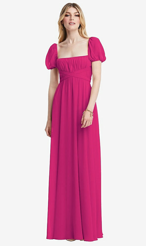 Front View - Think Pink Regency Empire Waist Puff Sleeve Chiffon Maxi Dress