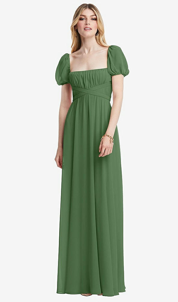Front View - Vineyard Green Regency Empire Waist Puff Sleeve Chiffon Maxi Dress