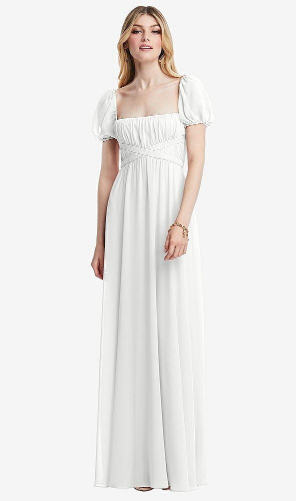 Front View - White Regency Empire Waist Puff Sleeve Chiffon Maxi Dress