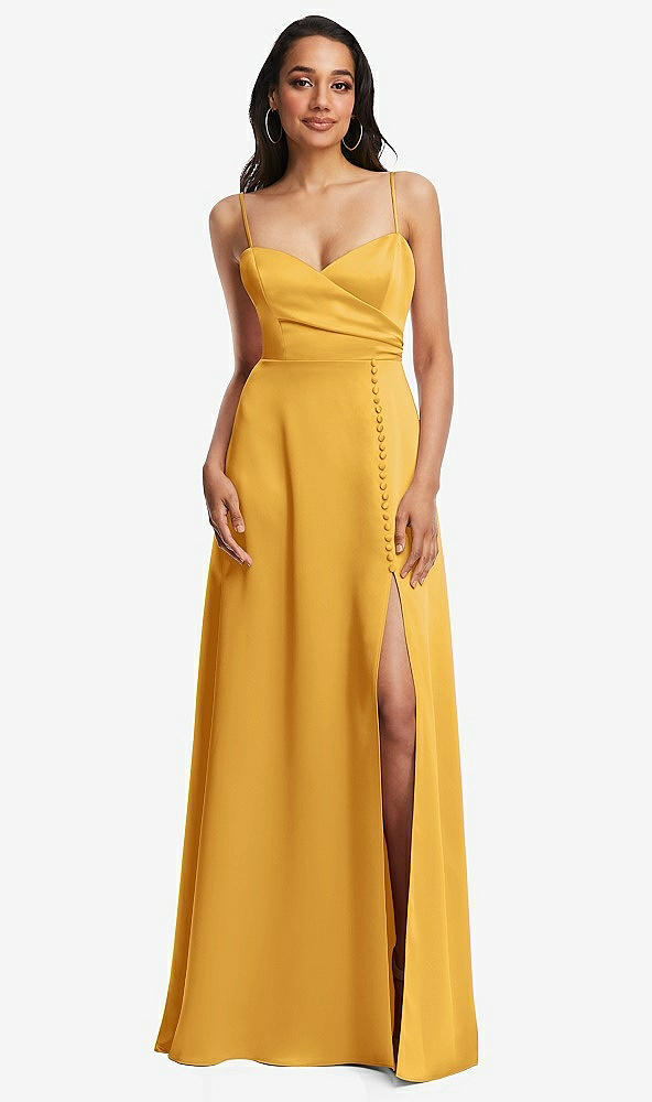 Front View - NYC Yellow Adjustable Strap Faux Wrap Maxi Dress with Covered Button Details