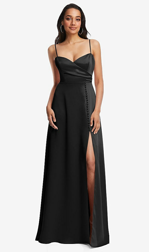 Front View - Black Adjustable Strap Faux Wrap Maxi Dress with Covered Button Details