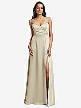 Front View Thumbnail - Champagne Adjustable Strap Faux Wrap Maxi Dress with Covered Button Details