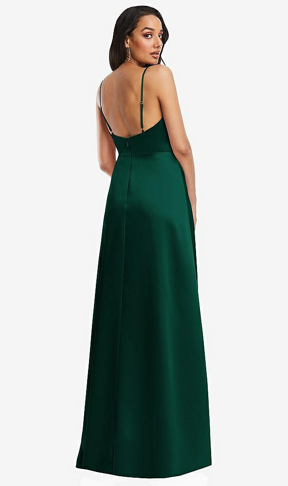 Back View - Hunter Green Adjustable Strap Faux Wrap Maxi Dress with Covered Button Details