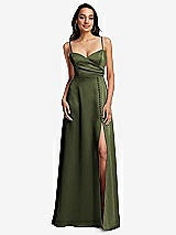 Front View Thumbnail - Olive Green Adjustable Strap Faux Wrap Maxi Dress with Covered Button Details
