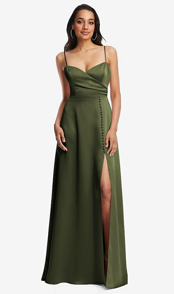 Front View - Olive Green Adjustable Strap Faux Wrap Maxi Dress with Covered Button Details