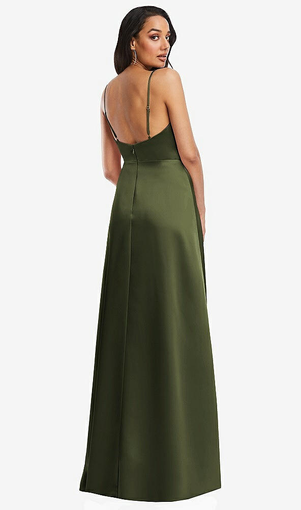 Back View - Olive Green Adjustable Strap Faux Wrap Maxi Dress with Covered Button Details