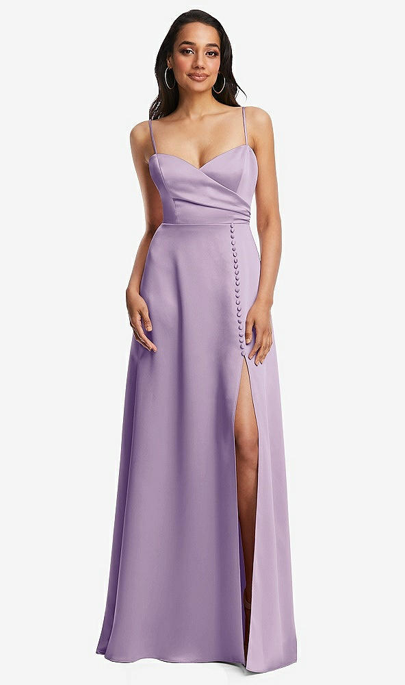 Front View - Pale Purple Adjustable Strap Faux Wrap Maxi Dress with Covered Button Details