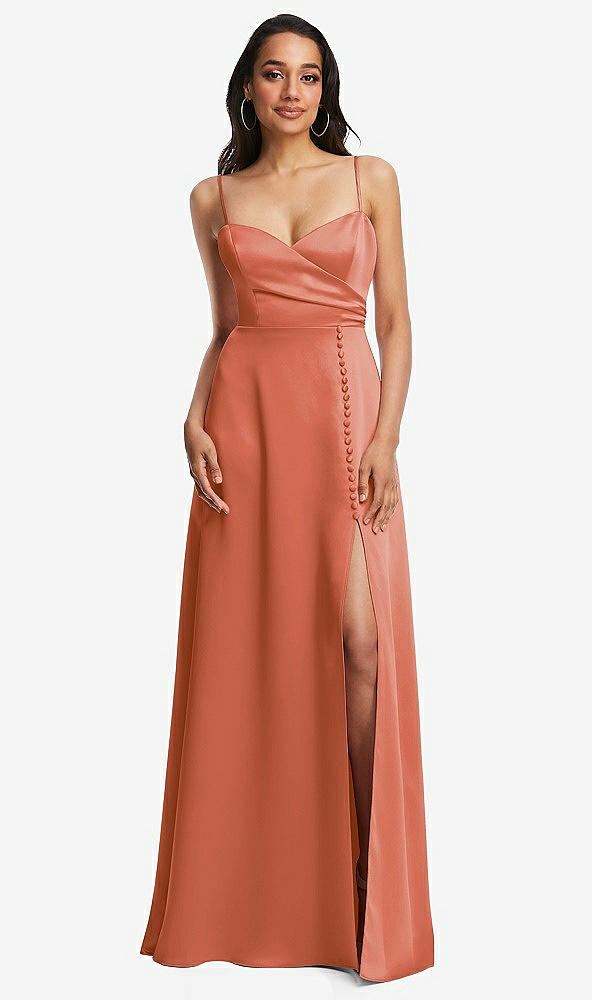 Front View - Terracotta Copper Adjustable Strap Faux Wrap Maxi Dress with Covered Button Details