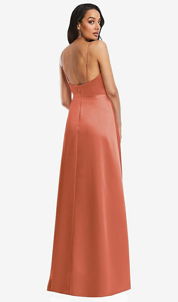 Back View - Terracotta Copper Adjustable Strap Faux Wrap Maxi Dress with Covered Button Details