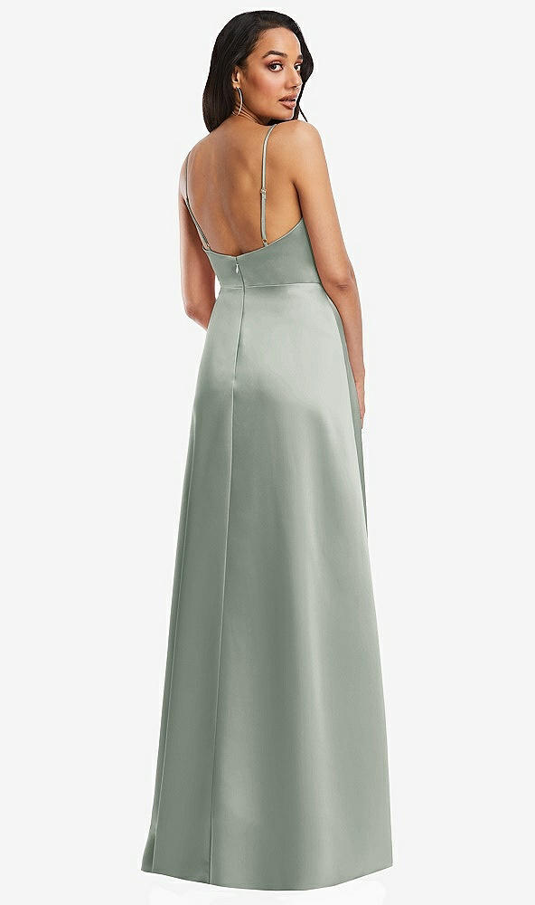 Back View - Willow Green Adjustable Strap Faux Wrap Maxi Dress with Covered Button Details