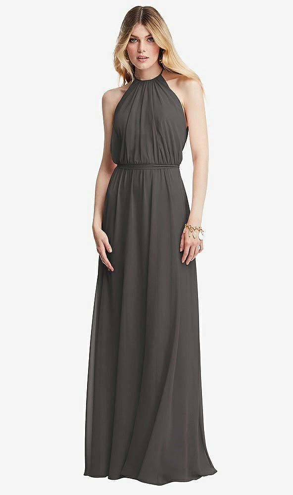 Front View - Caviar Gray Illusion Back Halter Maxi Dress with Covered Button Detail