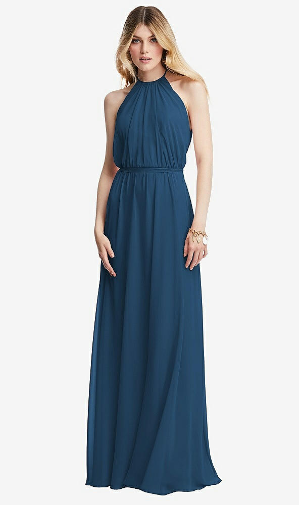 Front View - Dusk Blue Illusion Back Halter Maxi Dress with Covered Button Detail