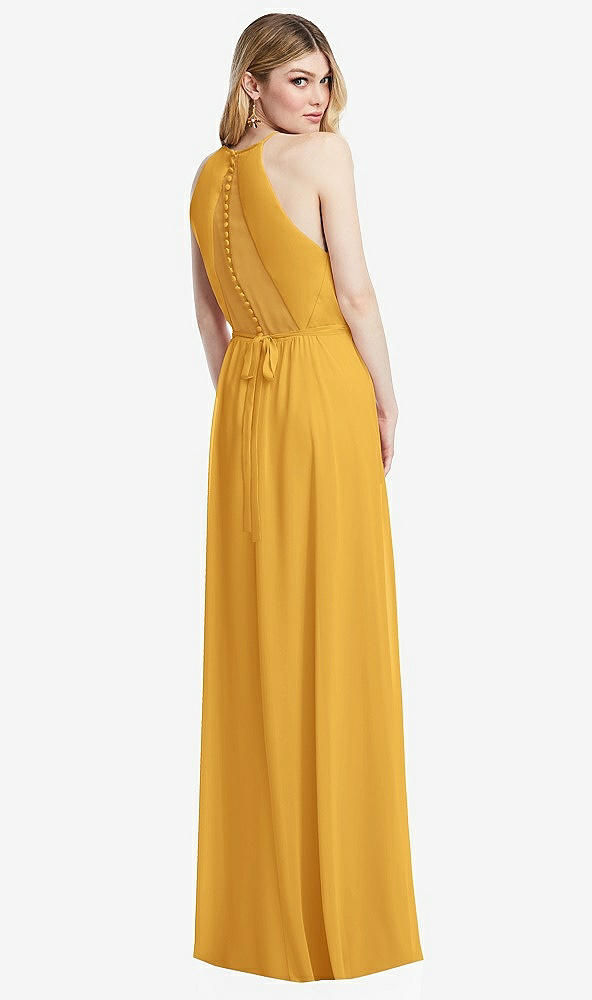 Back View - NYC Yellow Illusion Back Halter Maxi Dress with Covered Button Detail