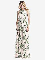 Front View Thumbnail - Palm Beach Print Illusion Back Halter Maxi Dress with Covered Button Detail