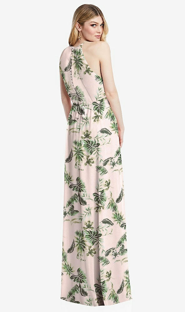 Back View - Palm Beach Print Illusion Back Halter Maxi Dress with Covered Button Detail