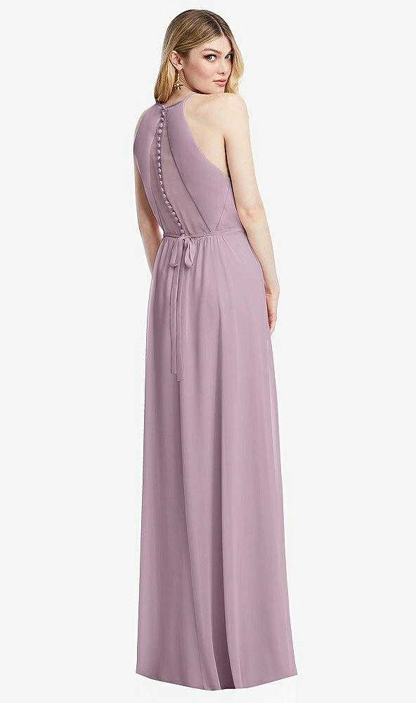 Back View - Suede Rose Illusion Back Halter Maxi Dress with Covered Button Detail