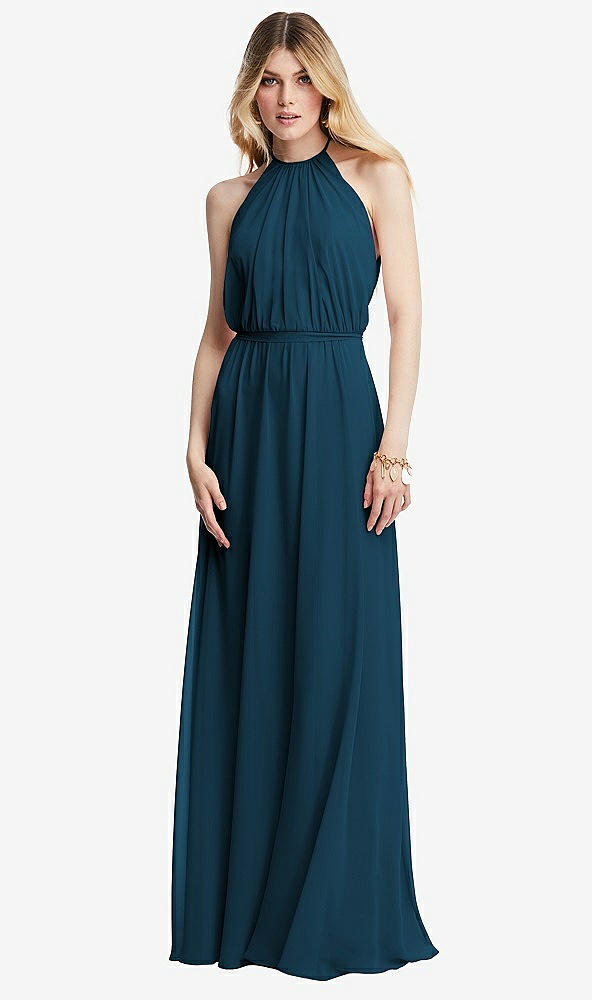 Front View - Atlantic Blue Illusion Back Halter Maxi Dress with Covered Button Detail