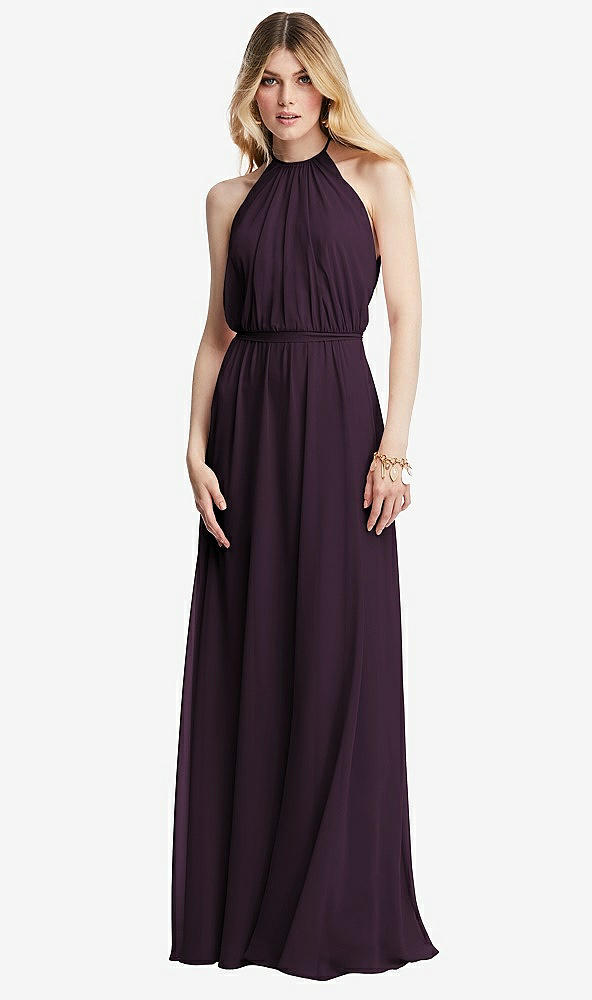 Front View - Aubergine Illusion Back Halter Maxi Dress with Covered Button Detail