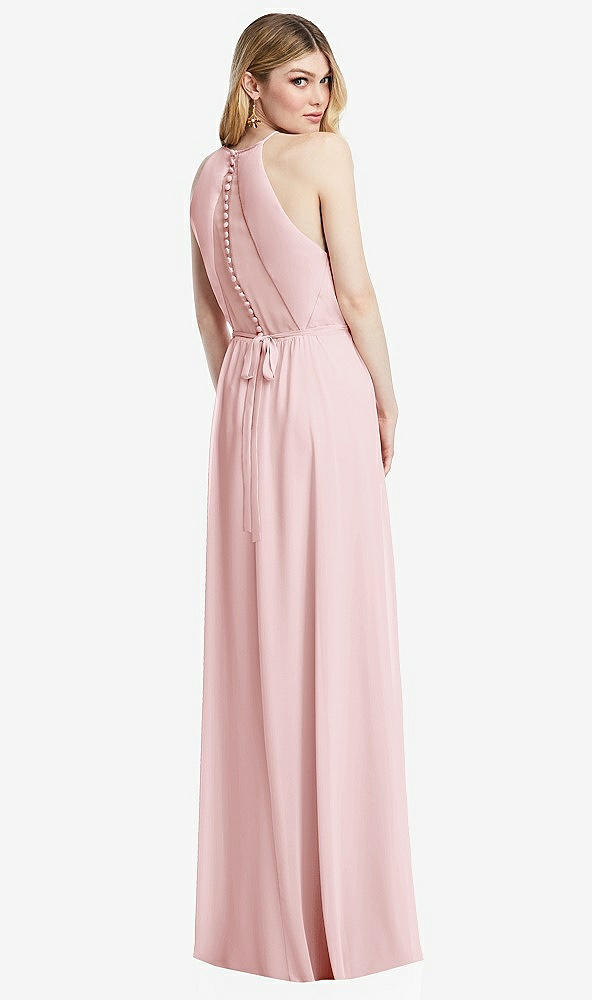 Back View - Ballet Pink Illusion Back Halter Maxi Dress with Covered Button Detail