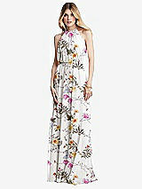 Front View Thumbnail - Butterfly Botanica Ivory Illusion Back Halter Maxi Dress with Covered Button Detail