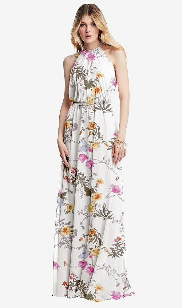 Front View - Butterfly Botanica Ivory Illusion Back Halter Maxi Dress with Covered Button Detail