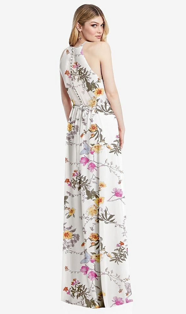 Back View - Butterfly Botanica Ivory Illusion Back Halter Maxi Dress with Covered Button Detail
