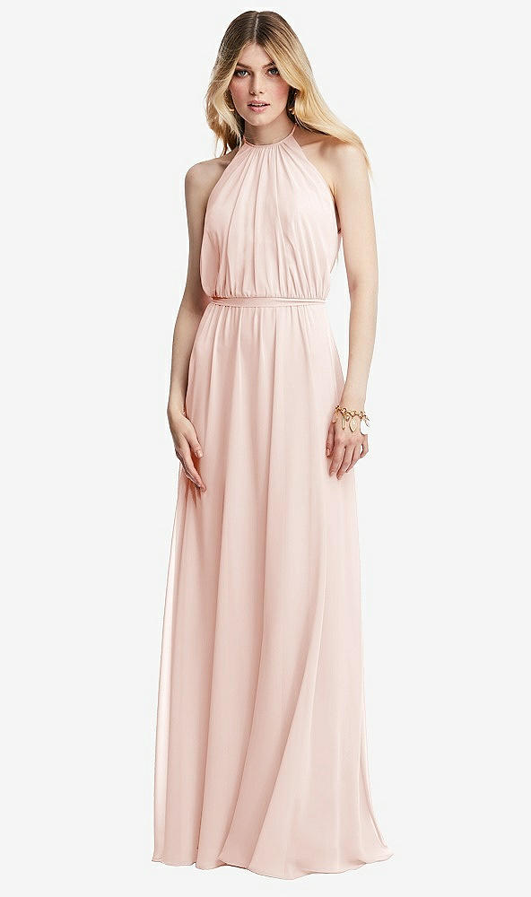 Front View - Blush Illusion Back Halter Maxi Dress with Covered Button Detail