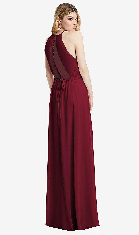 Back View - Burgundy Illusion Back Halter Maxi Dress with Covered Button Detail