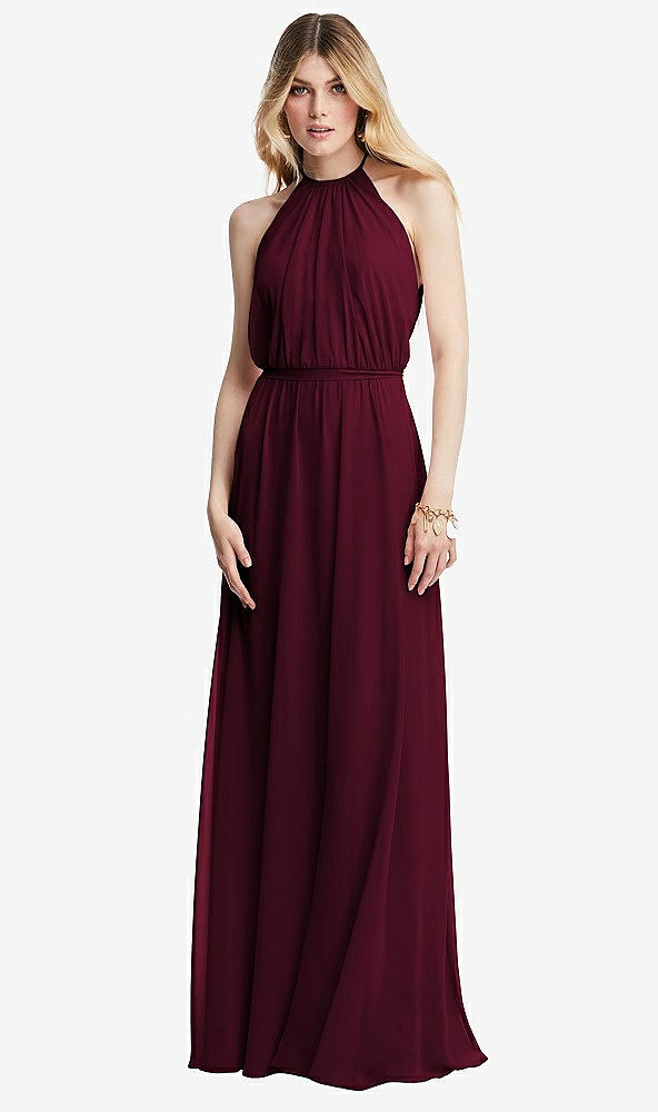 Front View - Cabernet Illusion Back Halter Maxi Dress with Covered Button Detail