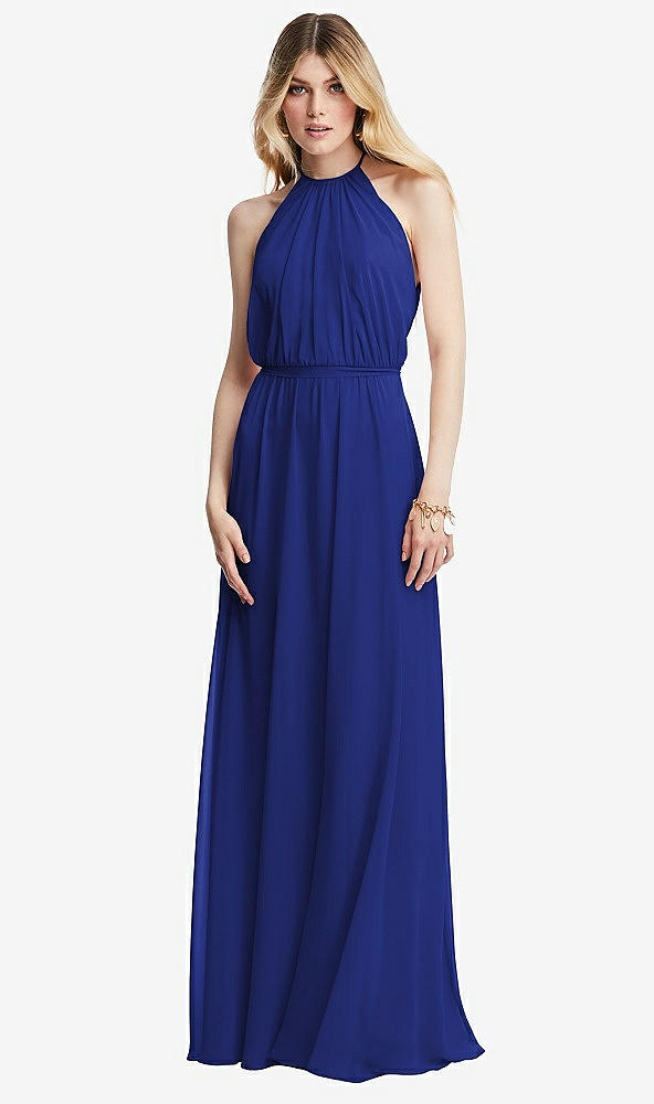 Front View - Cobalt Blue Illusion Back Halter Maxi Dress with Covered Button Detail