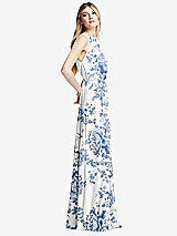 Side View Thumbnail - Cottage Rose Dusk Blue Illusion Back Halter Maxi Dress with Covered Button Detail