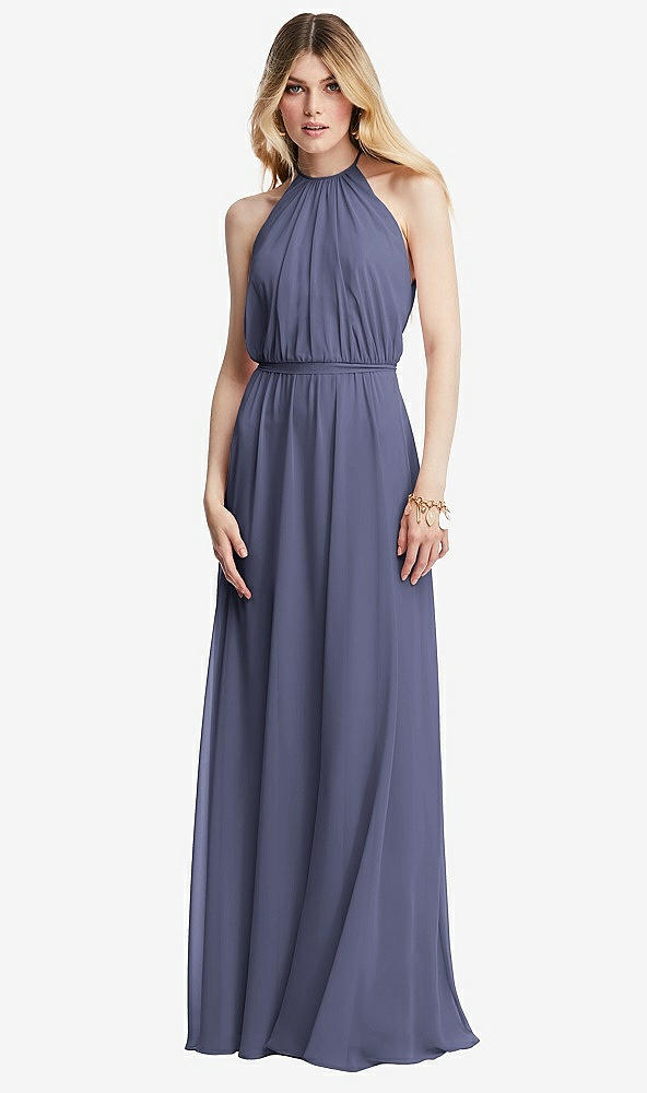 Front View - French Blue Illusion Back Halter Maxi Dress with Covered Button Detail