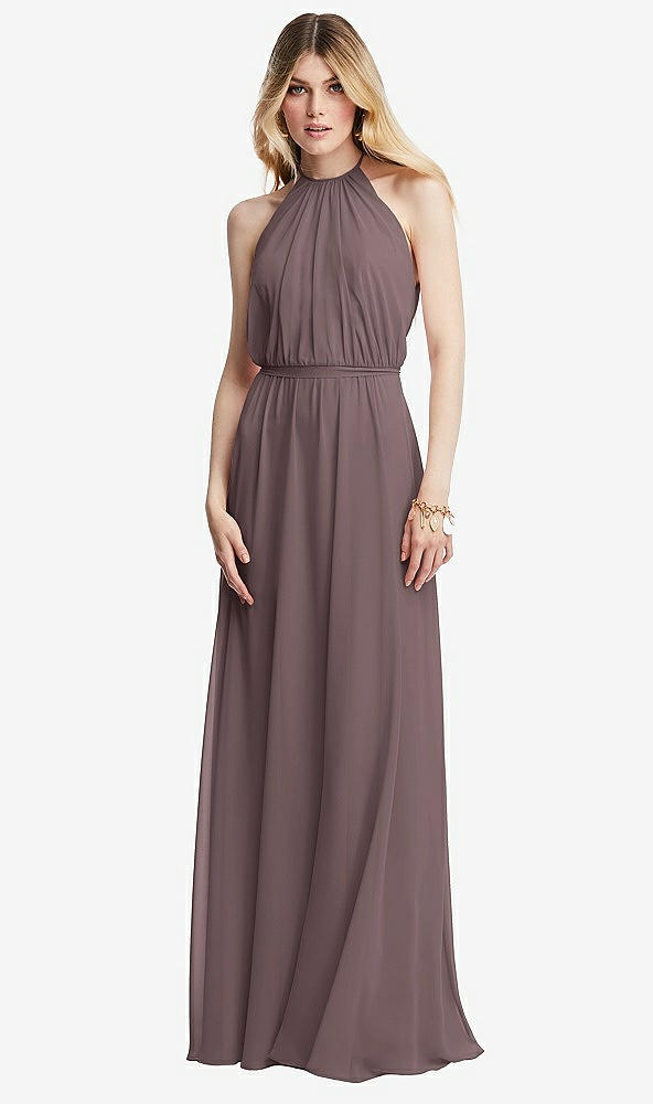 Front View - French Truffle Illusion Back Halter Maxi Dress with Covered Button Detail