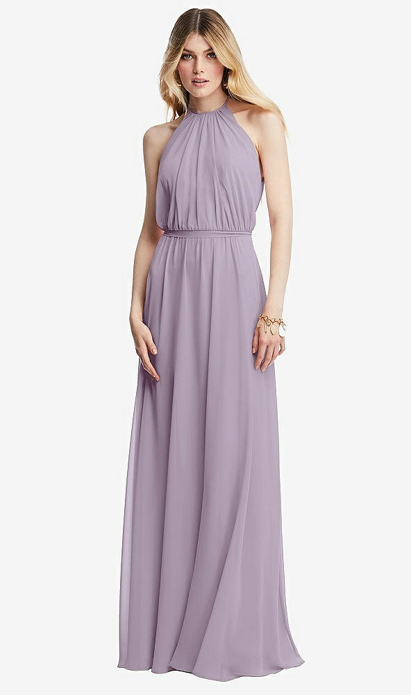 Front View - Lilac Haze Illusion Back Halter Maxi Dress with Covered Button Detail
