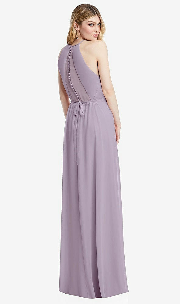 Back View - Lilac Haze Illusion Back Halter Maxi Dress with Covered Button Detail