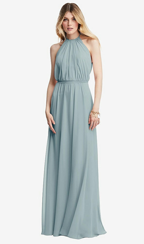 Front View - Morning Sky Illusion Back Halter Maxi Dress with Covered Button Detail