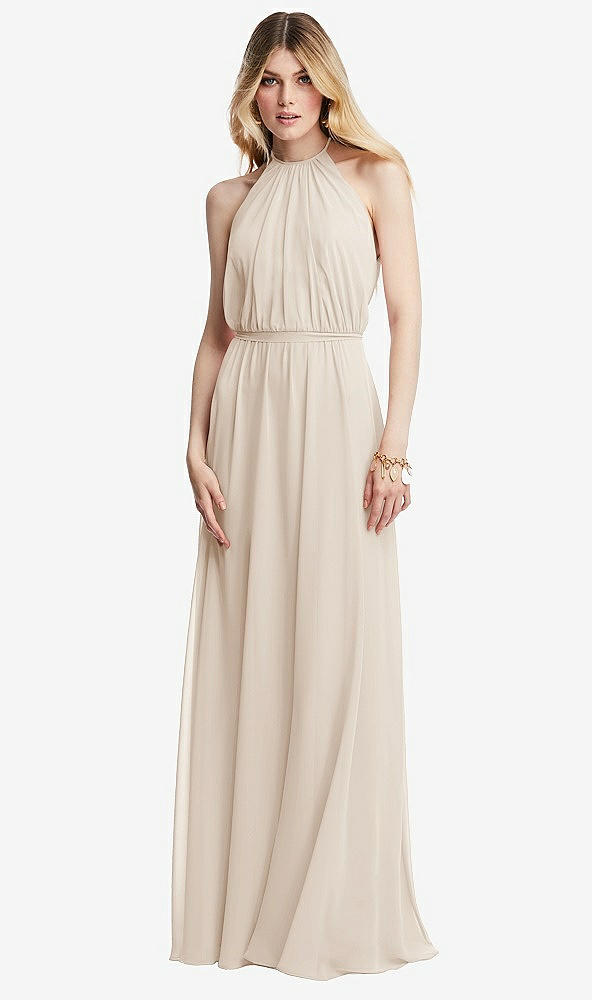 Front View - Oat Illusion Back Halter Maxi Dress with Covered Button Detail