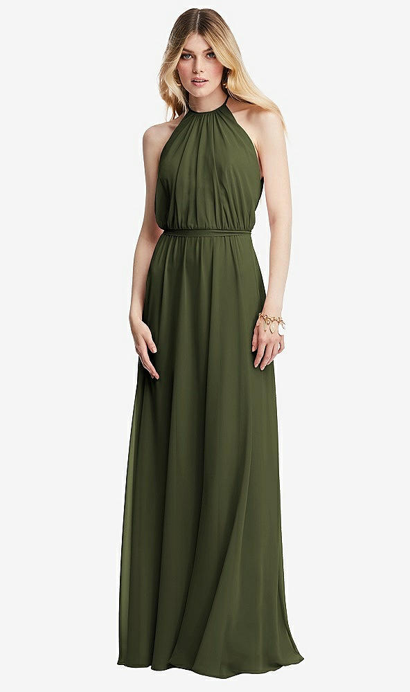 Front View - Olive Green Illusion Back Halter Maxi Dress with Covered Button Detail
