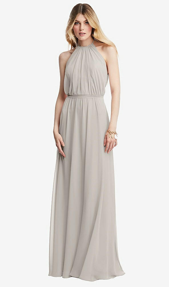 Front View - Oyster Illusion Back Halter Maxi Dress with Covered Button Detail