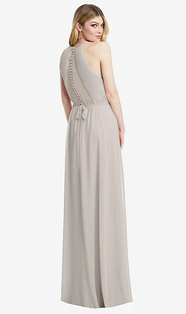 Back View - Oyster Illusion Back Halter Maxi Dress with Covered Button Detail