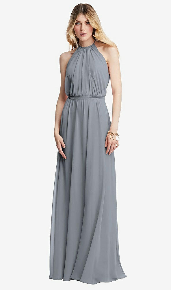 Front View - Platinum Illusion Back Halter Maxi Dress with Covered Button Detail