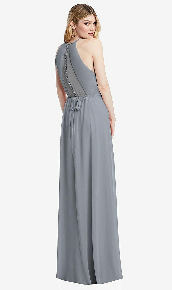 Back View - Platinum Illusion Back Halter Maxi Dress with Covered Button Detail