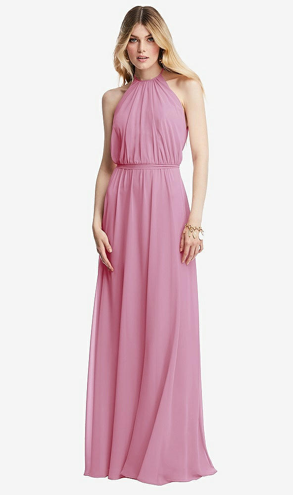 Front View - Powder Pink Illusion Back Halter Maxi Dress with Covered Button Detail