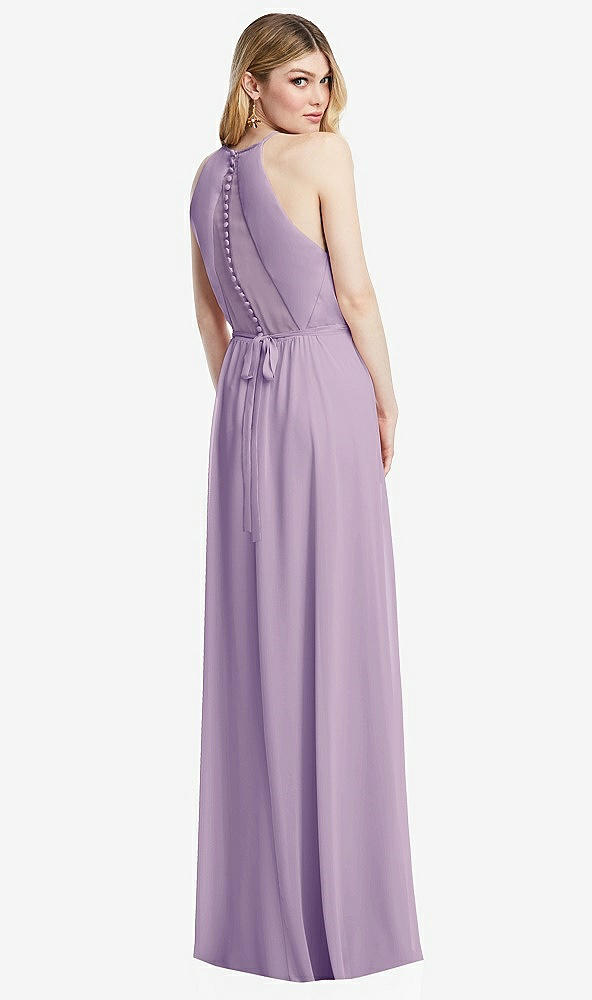 Back View - Pale Purple Illusion Back Halter Maxi Dress with Covered Button Detail