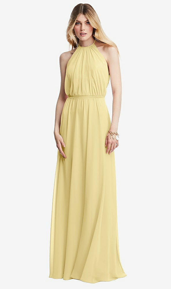 Front View - Pale Yellow Illusion Back Halter Maxi Dress with Covered Button Detail